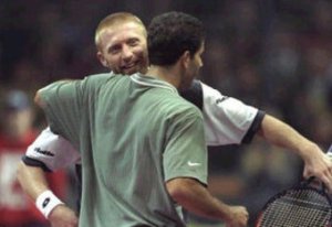 Becker and Sampras after their classic Frankfurt encounter in 1996 (thanks to bleacherreport.com)