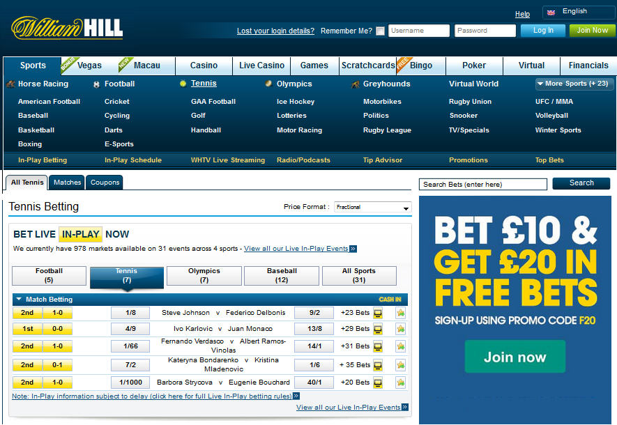 Tennis odds at William Hill page