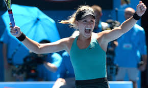 Eugenie Bouchard celebrates making her first Major semi-final (thanks to Latimes.com)